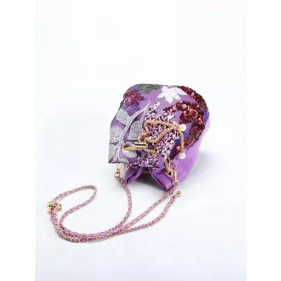 Floral Sequin Bucket Bag Gold Chain Bird Motif Crossbody - Picture 6 of 9